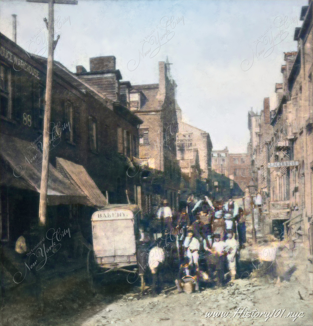 A street view of the harsh realities of urban life in the infamous Five Points neighborhood in the year 1870.