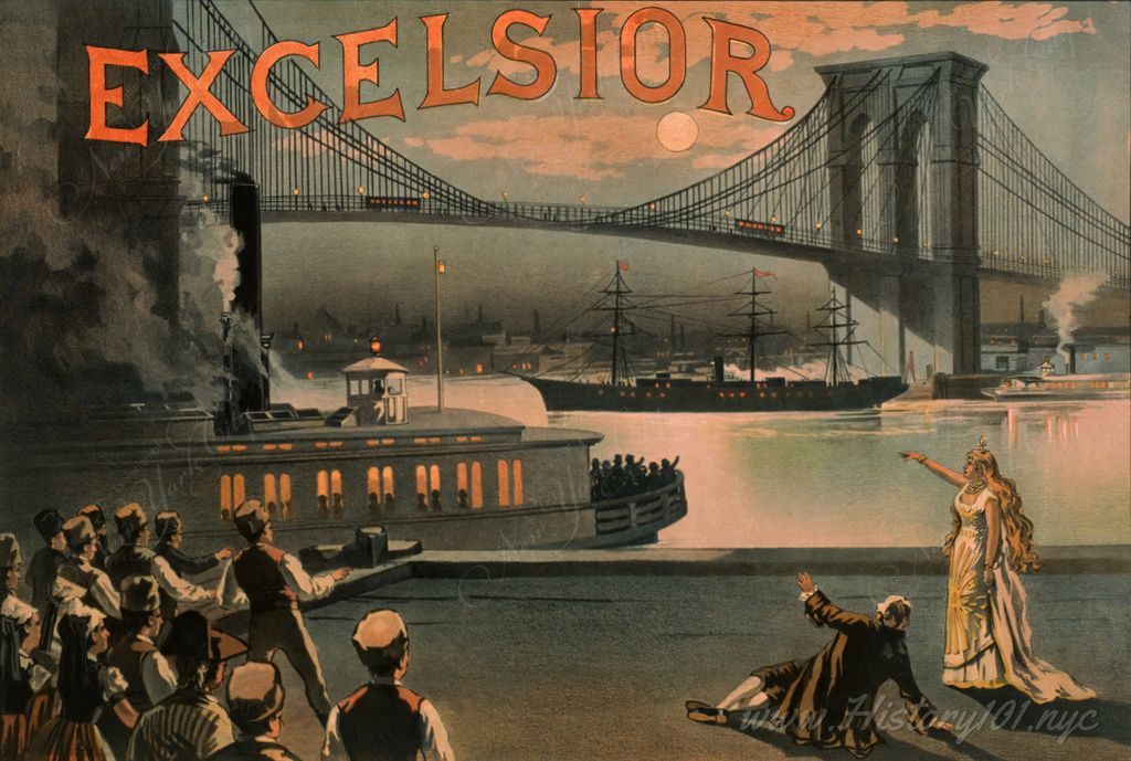 This illustration depicts the iconic Brooklyn Bridge in the late 19th century, standing majestically against the night sky.