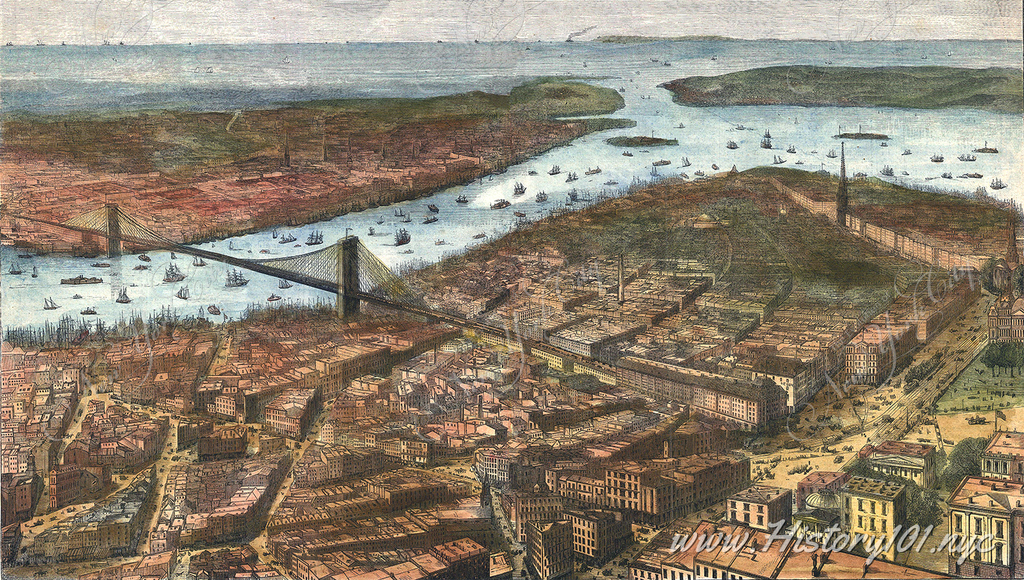 This illustration from 1883 depicts a German map view of Lower Manhattan, the Brooklyn Bridge, and Brooklyn, offering a glimpse into the urban landscape of New York City during that era.