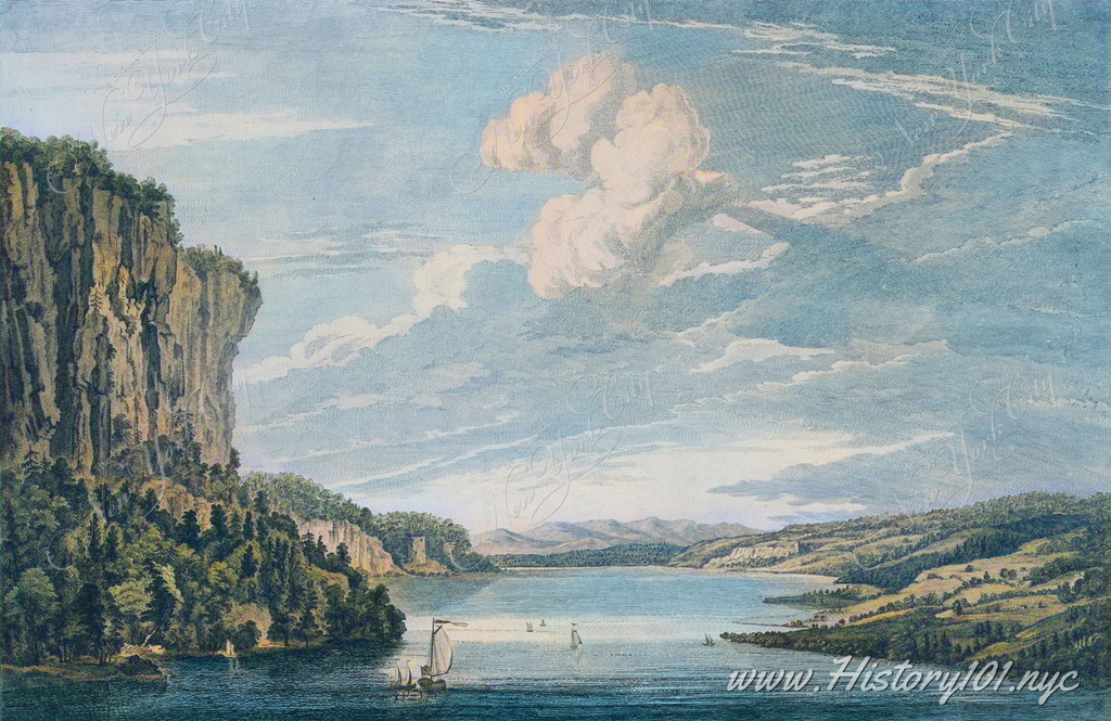 The image from 1768 captures a picturesque view in Hudson's River of the entrance to what is known as the Topan Sea, showcasing a serene waterscape with a ship and boats. 