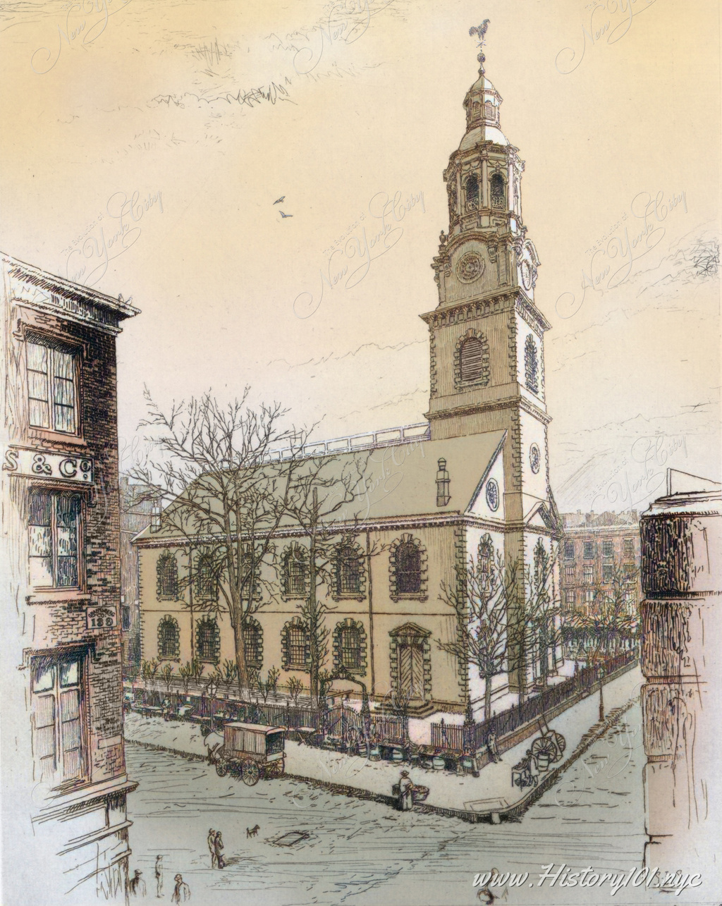This etching, created by Sidney Lawton Smith from a photograph depicts the North Dutch Church, a historical landmark in New York City
