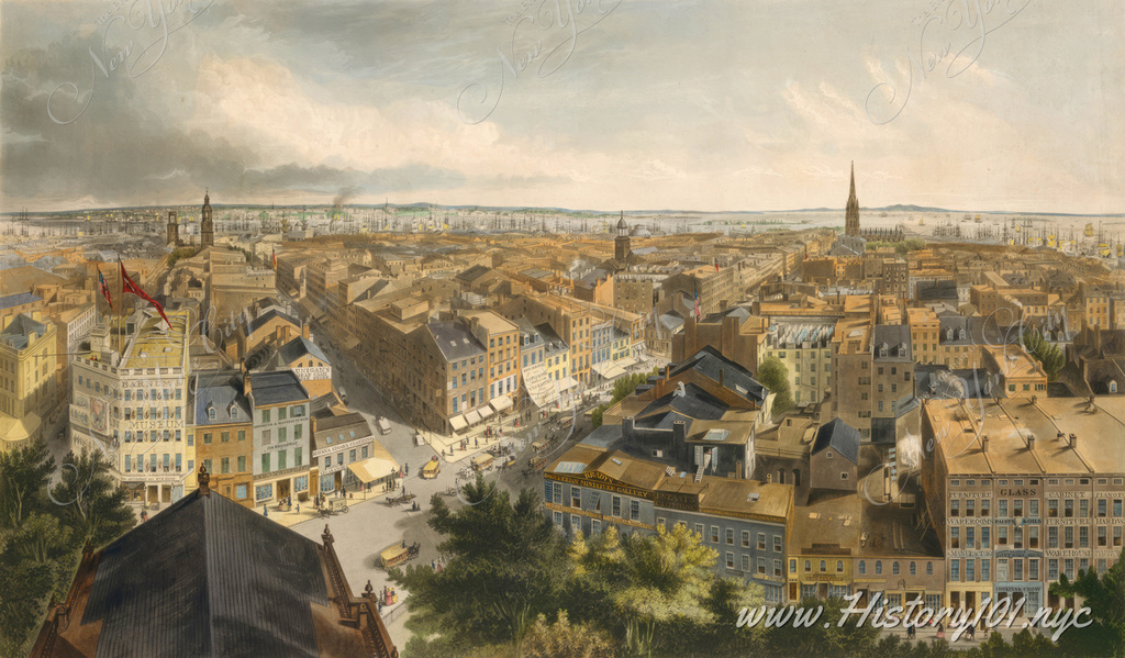 This painting by British artist Henry A. Papprill depicts an aerial view of New York City in 1849, captured from the steeple of St. Paul's Chapel on Broadway.