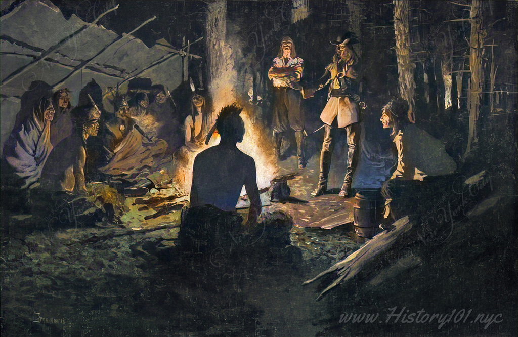 This painting, titled "At the Iroquois council fire," is a visual representation of Native American life in the 1700s in the northern East Coast.