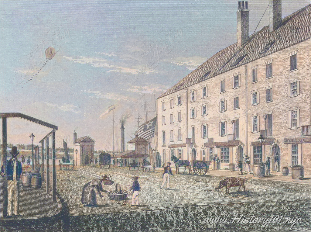 This image depicts the bustling scene of the Brooklyn Ferry at Fulton Street in 1831, a time when the area was a hub of transportation, commerce, and community life. 