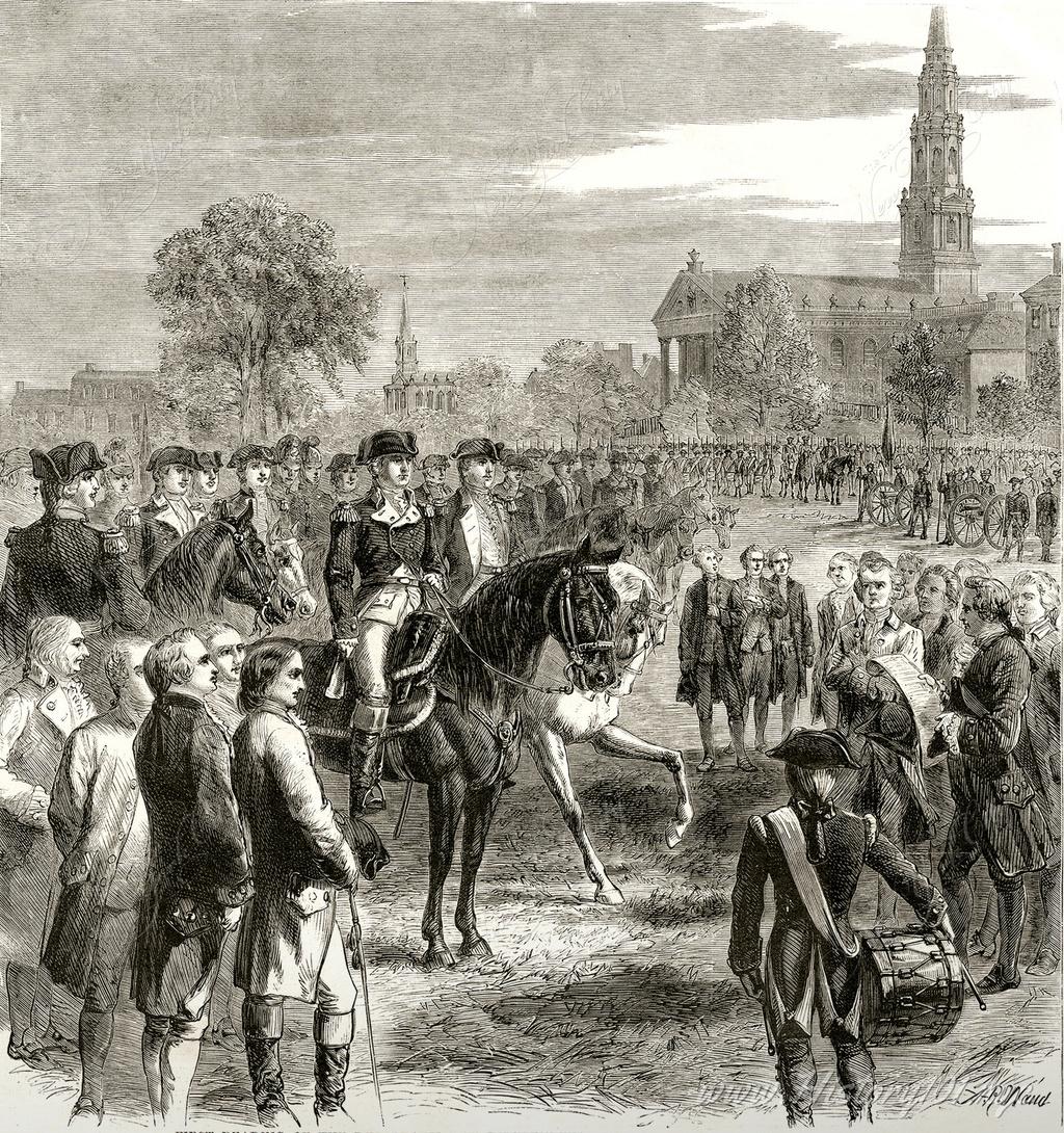 Illustration by A.R. Waud depicting the very first reading of the Declaration of Independence by George Washington at City Hall Park on July 9, 1776.
