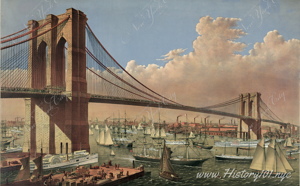 The image, titled "The great East River suspension bridge: connecting the cities of New York & Brooklyn From New York looking south-east," depicts the iconic Brooklyn Bridge, which was completed in 1883.