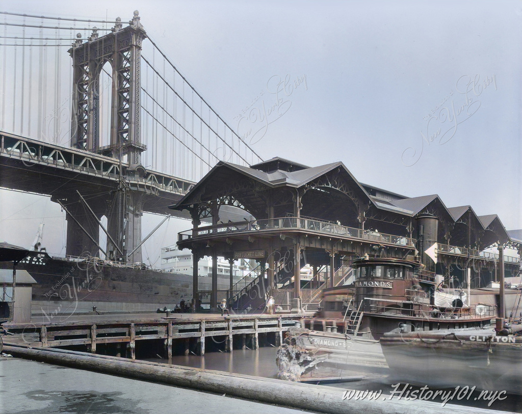 In this captivating snapshot by Berenice Abbott from 1935, the dynamic scene unfolds against the backdrop of the Manhattan Bridge