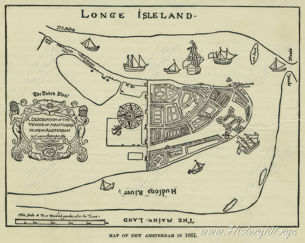 This map, known as "The Duke's Plan," provides a detailed depiction of New Amsterdam (present-day Lower Manhattan) as it appeared in September 1661 anda demonstrates the influence the Duke of York held at the time.