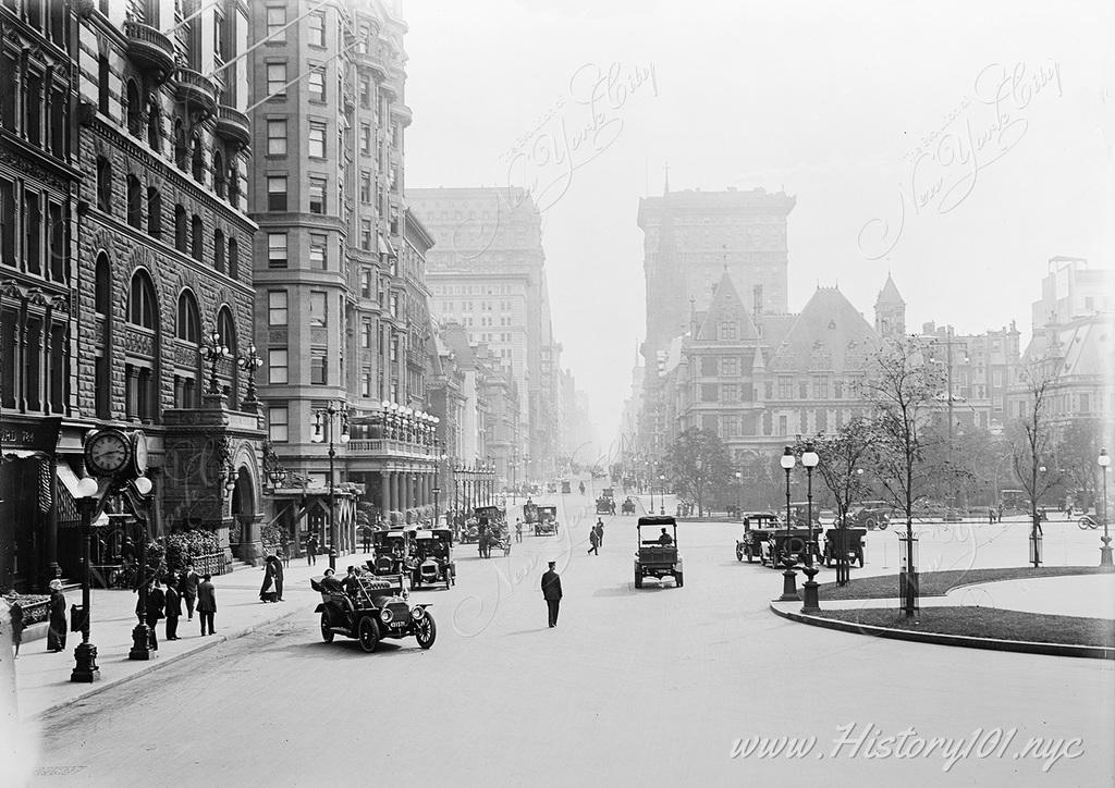 A view at the corner of 60th Street and Fifth Avenue, on the Southwest corner of Central Park