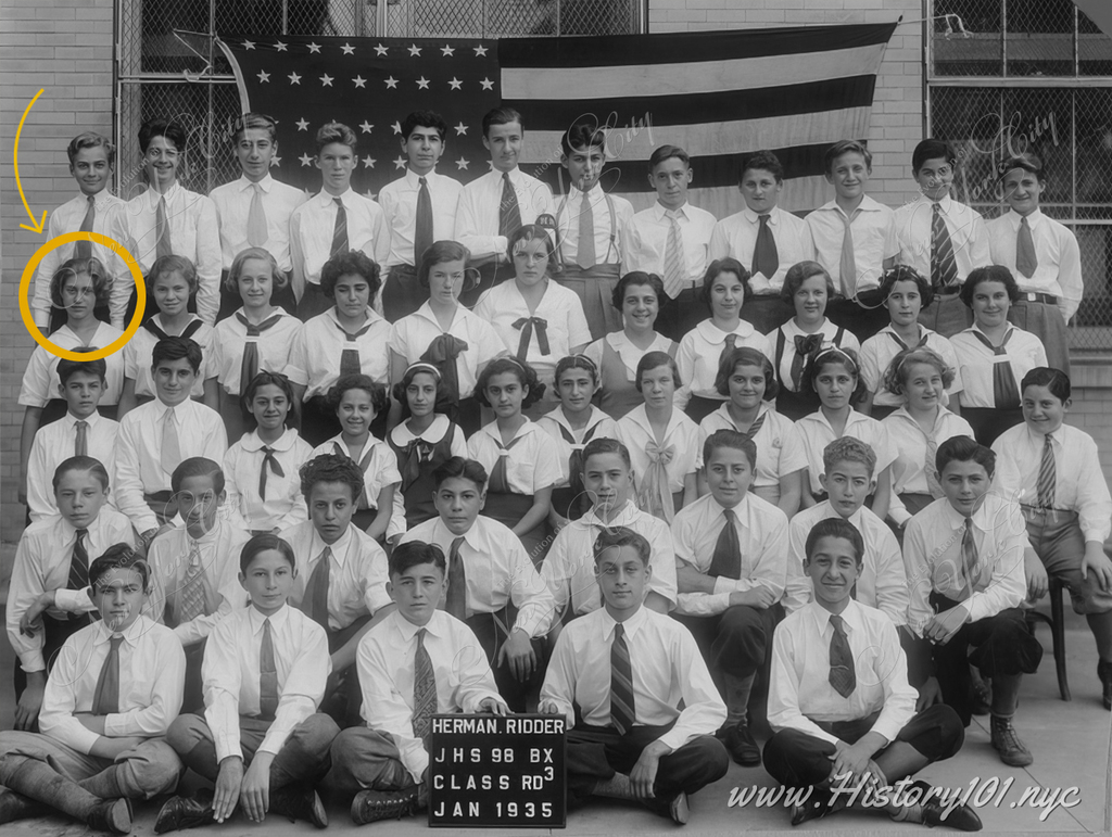 Herman Ridder Junior High School stands as a notable Art Deco landmark in the Morrisania section of the Bronx, New York. Among its most distinguished graduates is Regina Resnik, the renowned Metropolitan Opera star, who appears in this class photograph.