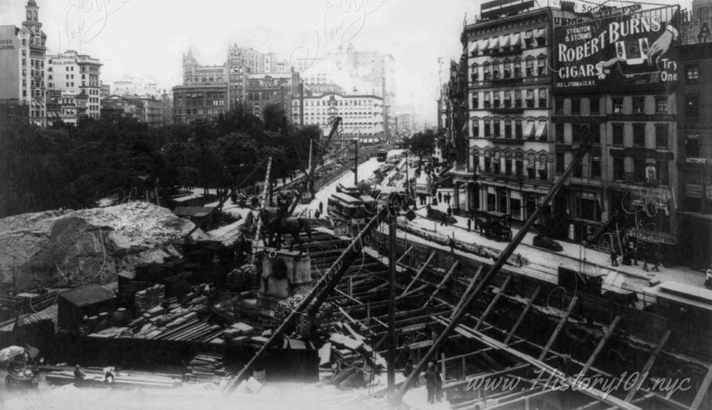 Rapid transit construction work at Union Square at the intersection of Fourth Avenue and 14th Street, New York City, June 8, 1901