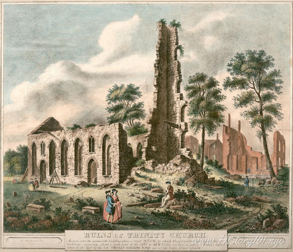 Painting by Thomas Barrow Trinity church in the aftermath of the Revolutionary War after it was burned to the ground by clergy loyal to Britain.