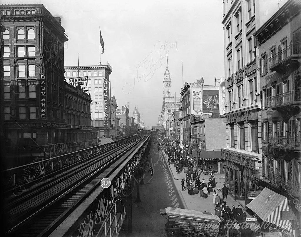 Crowds of shoppers fill the busy streets north of 14th Street in the shade of the elevated train which once ran along 6th Avenue.