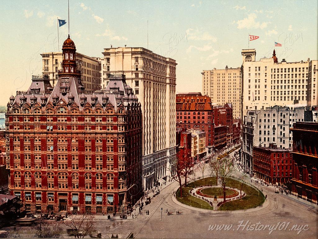 A colorized photochrom print depicting an aerial view of Bowling Green and its surrounding buildings.